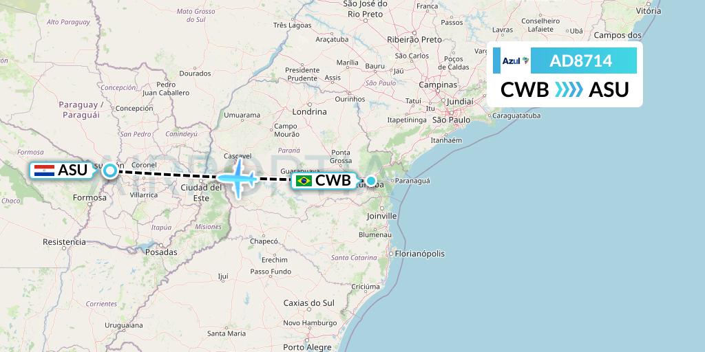 AD8714 Azul Brazilian Airlines Flight Map: Curitiba to Asuncion