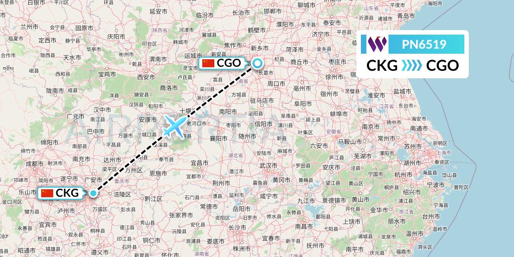 PN6519 China West Air Flight Map: Chongqing to Zhengzhou