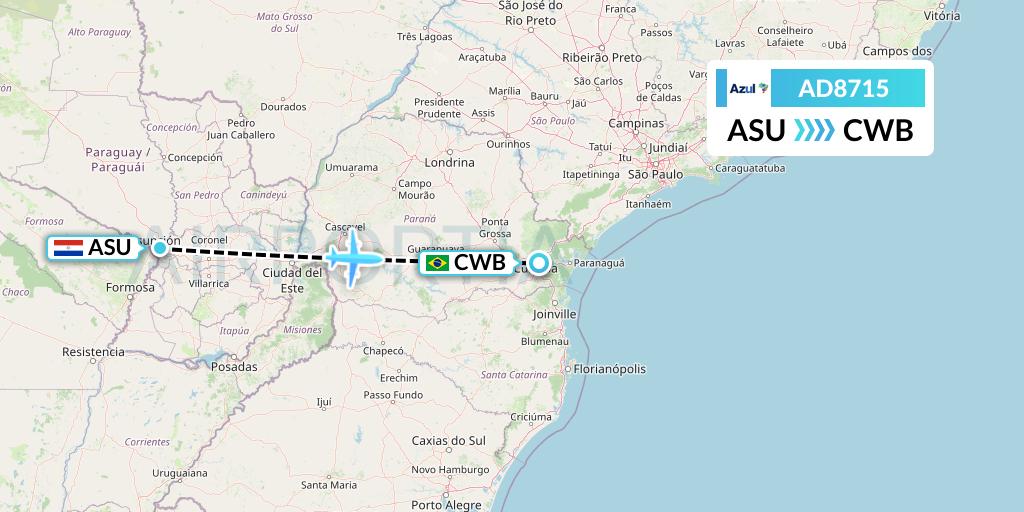 AD8715 Azul Brazilian Airlines Flight Map: Asuncion to Curitiba