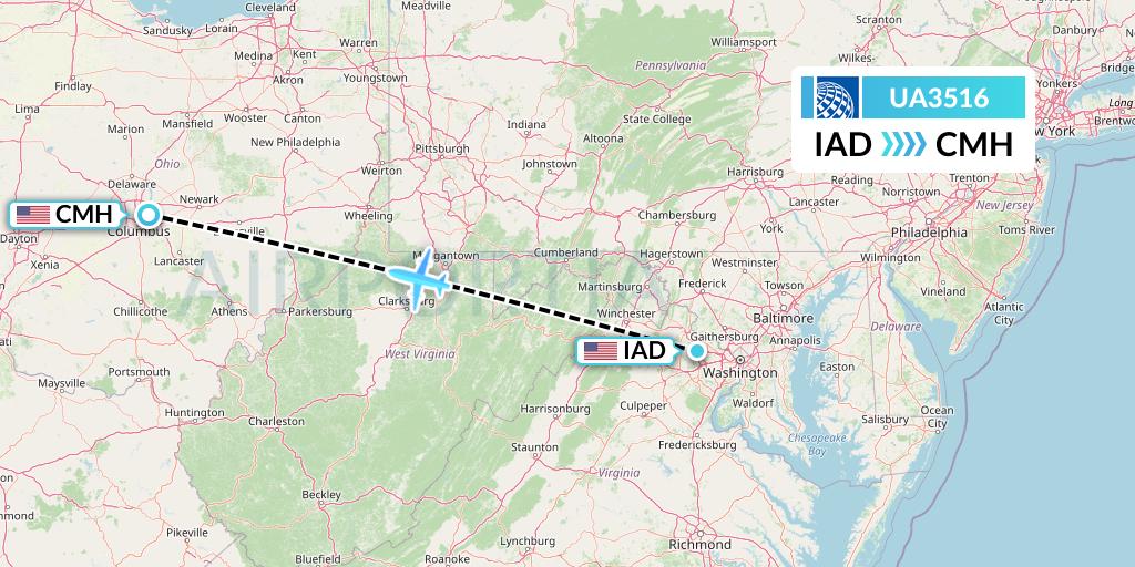 UA3516 United Airlines Flight Map: Washington to Columbus