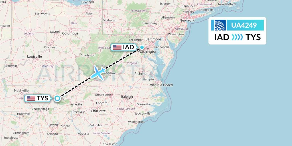 UA4249 United Airlines Flight Map: Washington to Knoxville