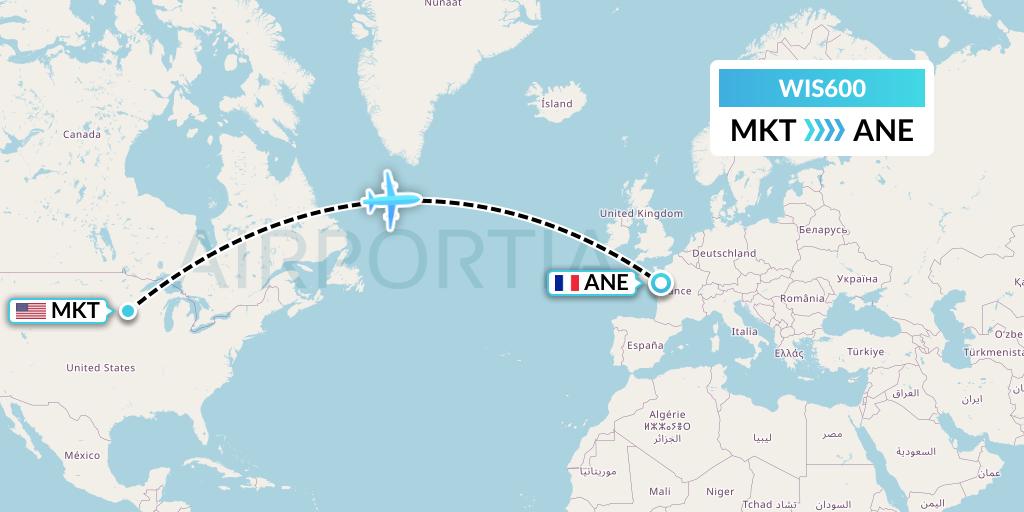WIS600 Paccair Flight Map: Mankato to Angers