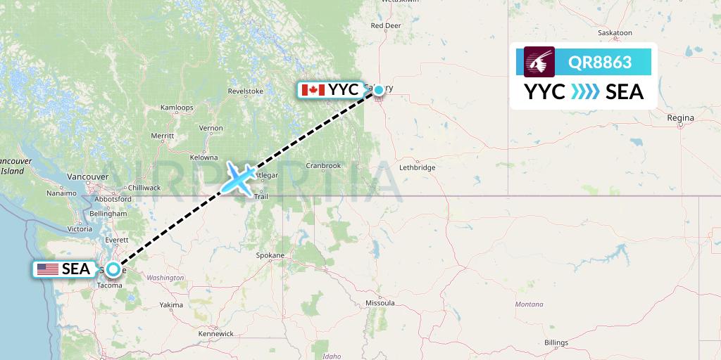 QR8863 Qatar Airways Flight Map: Calgary to Seattle