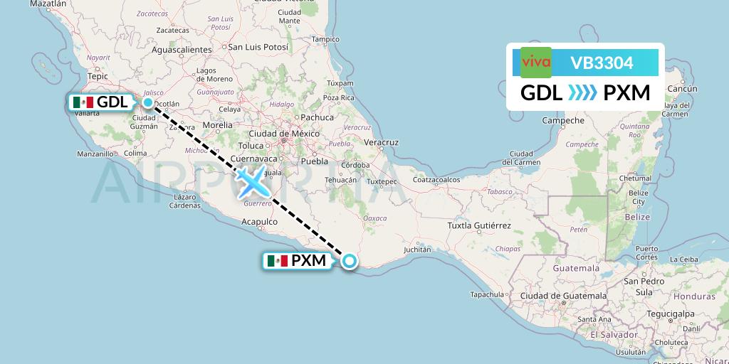 VB3304 VivaAerobus Flight Map: Guadalajara to Puerto Escondido