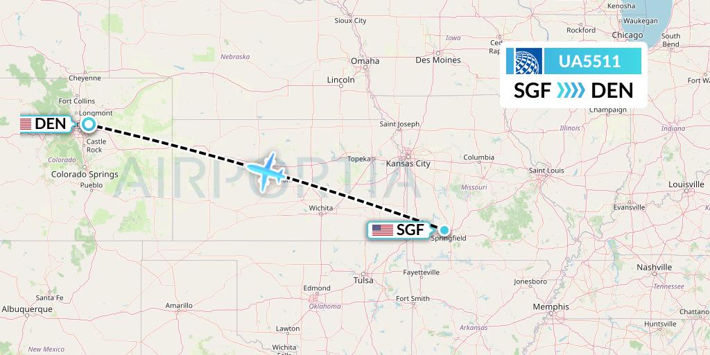 UA5511 United Airlines Flight Map: Springfield to Denver