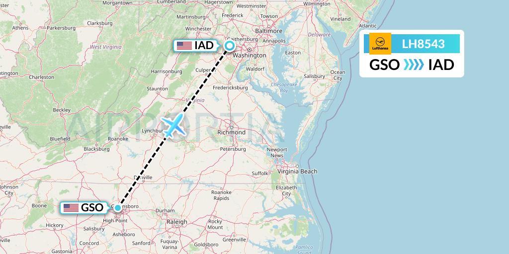 LH8543 Lufthansa Flight Map: Greensboro to Washington