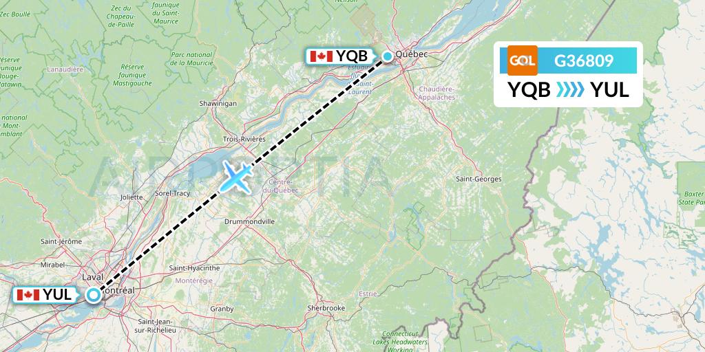 G36809 GOL Transportes Aeros Flight Map: Quebec to Montreal