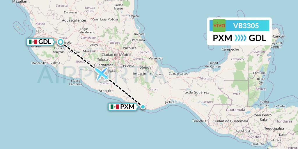 VB3305 VivaAerobus Flight Map: Puerto Escondido to Guadalajara