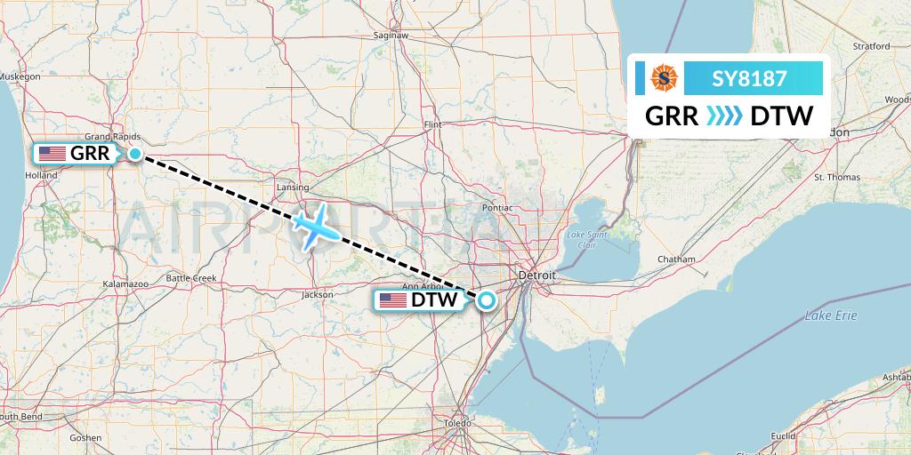 SY8187 Sun Country Airlines Flight Map: Grand Rapids to Detroit