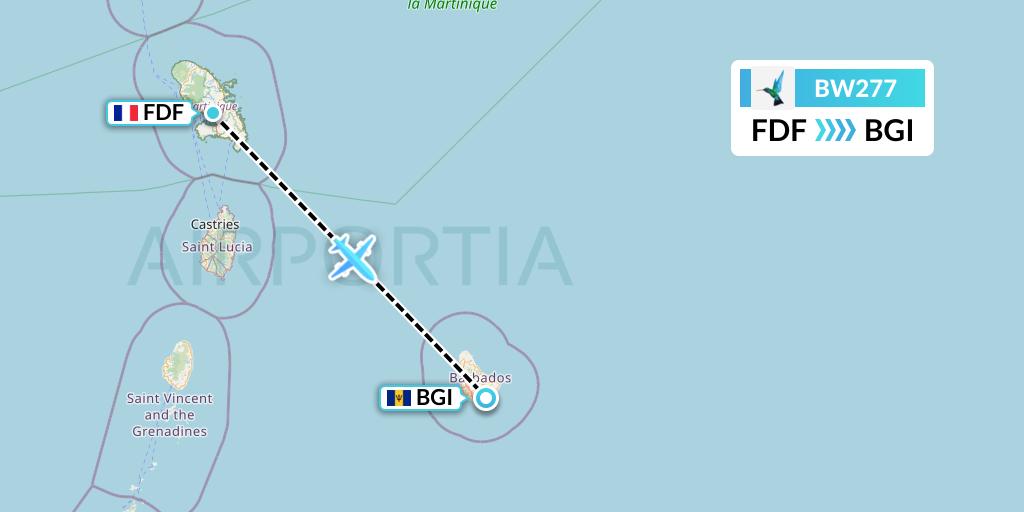 BW277 Caribbean Airlines Flight Map: Fort-de-France to Bridgetown
