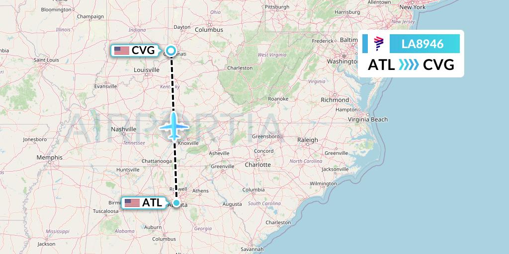 LA8946 LAN Airlines Flight Map: Atlanta to Cincinnati