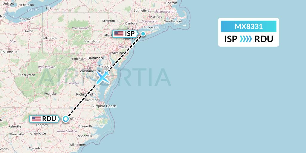 MX8331 Breeze Airways Flight Map: Islip to Raleigh-Durham
