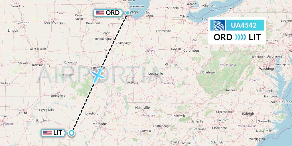UA4542 United Airlines Flight Map: Chicago to Little Rock