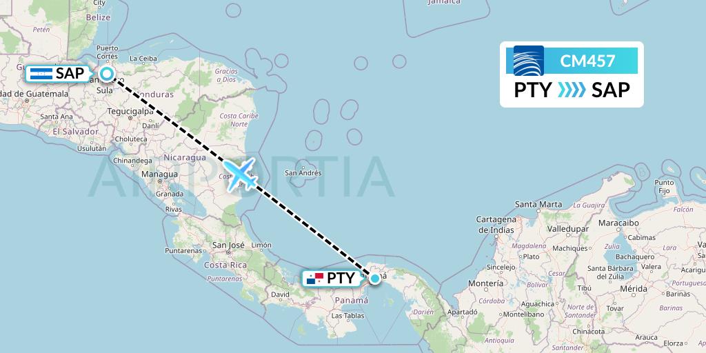 CM457 Copa Airlines Flight Map: Panama City to San Pedro Sula