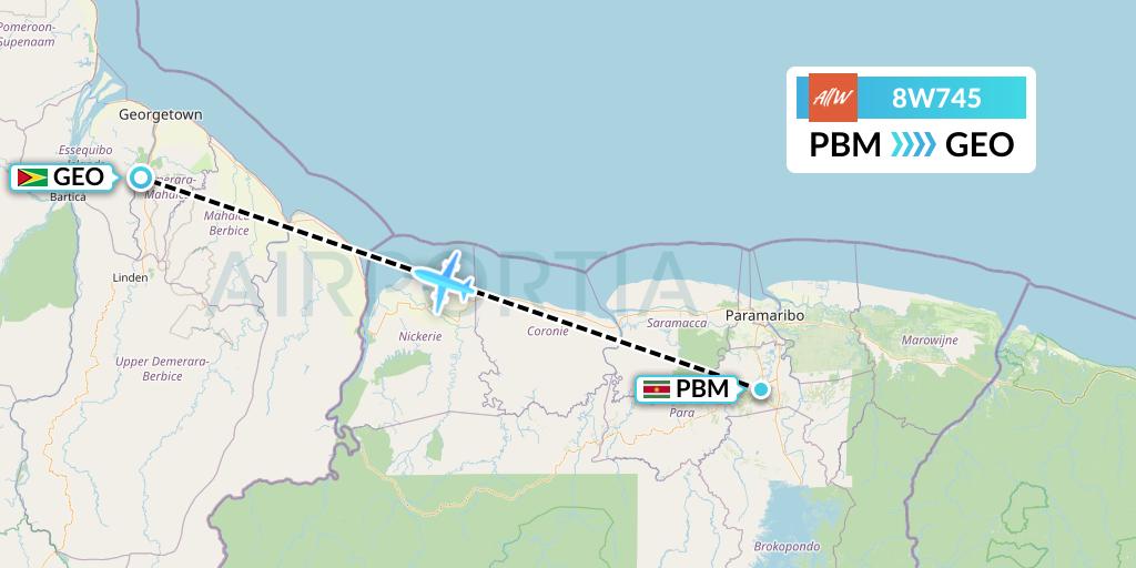 8W745 Fly AllWays Flight Map: Paramaribo to Georgetown
