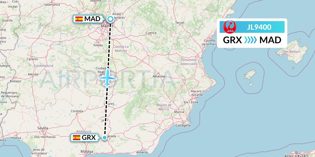 JL9400 Japan Airlines Flight Map: Granada to Madrid