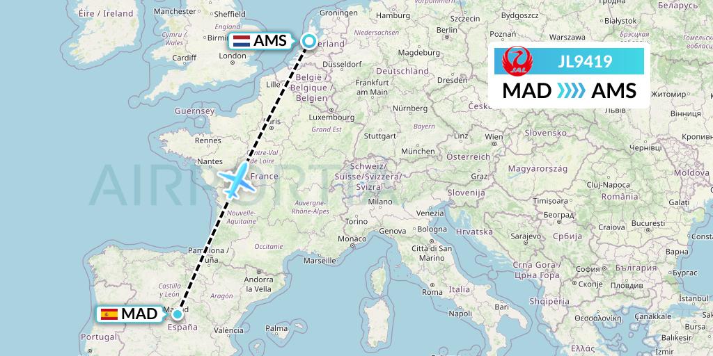 JL9419 Japan Airlines Flight Map: Madrid to Amsterdam