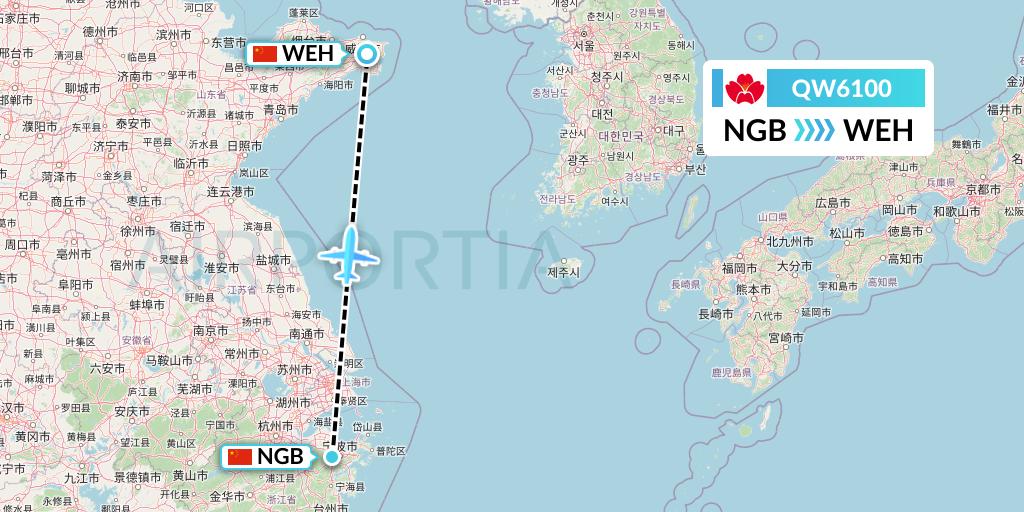 QW6100 Qingdao Airlines Flight Map: Ningbo to Weihai