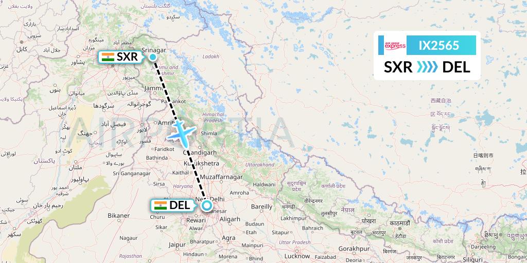 IX2565 Air India Express Flight Map: Srinagar to Delhi