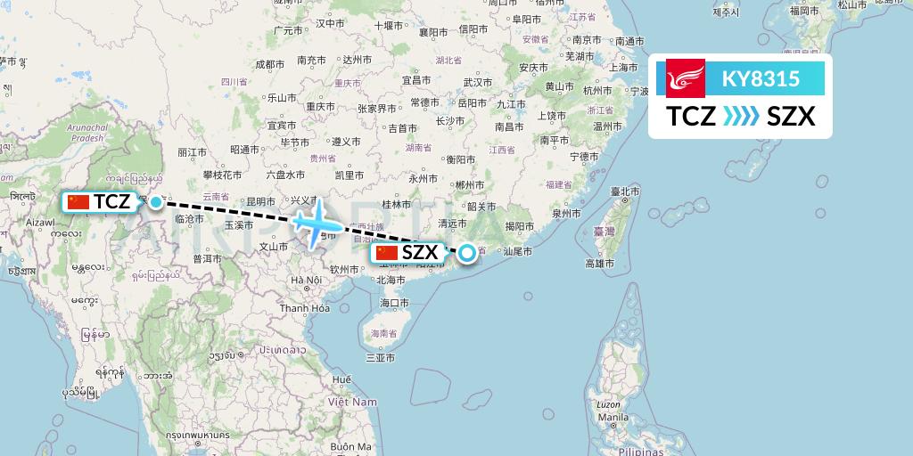 KY8315 Kunming Airlines Flight Map: Tengchong to Shenzhen