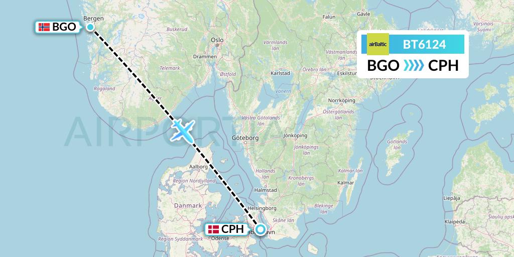BT6124 Air Baltic Flight Map: Bergen to Copenhagen