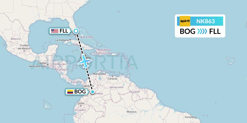 NK863 Spirit Airlines Flight Map: Bogota to Fort Lauderdale