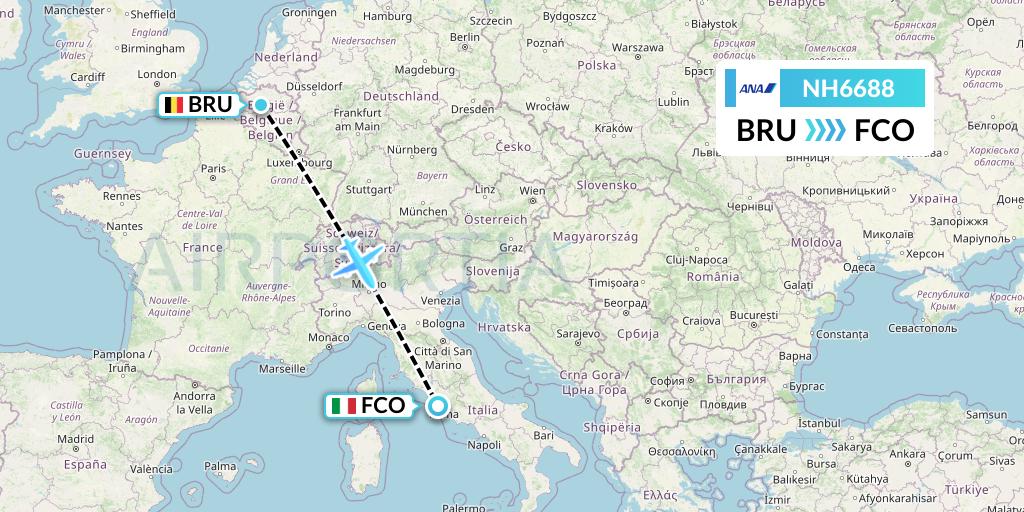 NH6688 All Nippon Airways Flight Map: Brussels to Rome