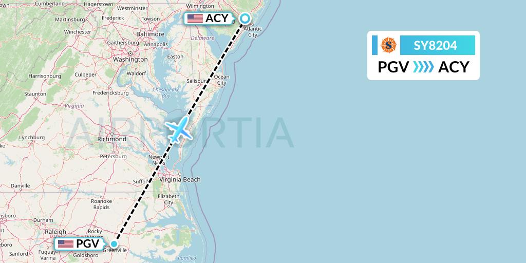 SY8204 Sun Country Airlines Flight Map: Greenville to Atlantic City
