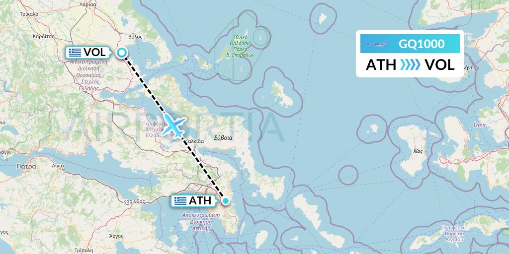 GQ1000 Sky Express (Greece) Flight Map: Athens to Volos