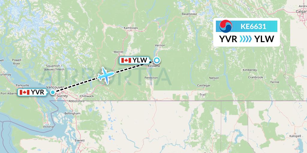 KE6631 Korean Air Flight Map: Vancouver to Kelowna