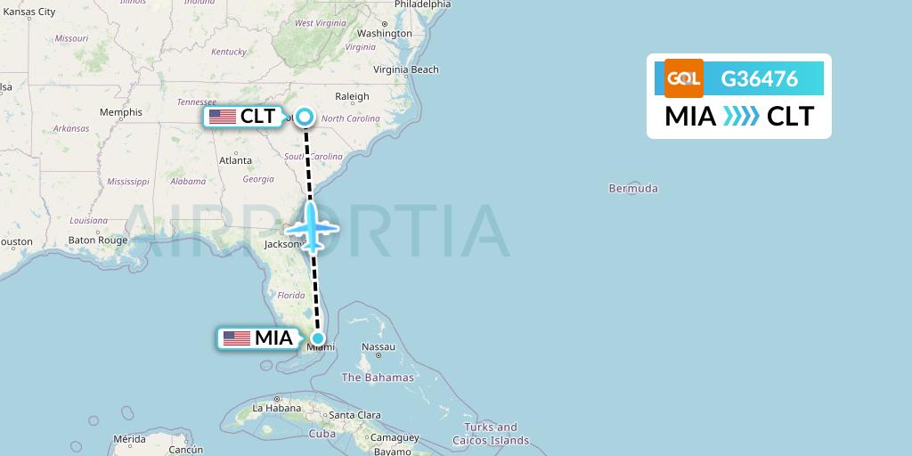 G36476 GOL Transportes Aeros Flight Map: Miami to Charlotte