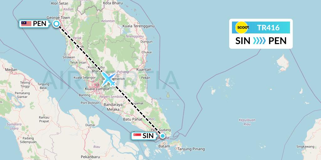 TR416 Tigerair Flight Map: Singapore to Penang