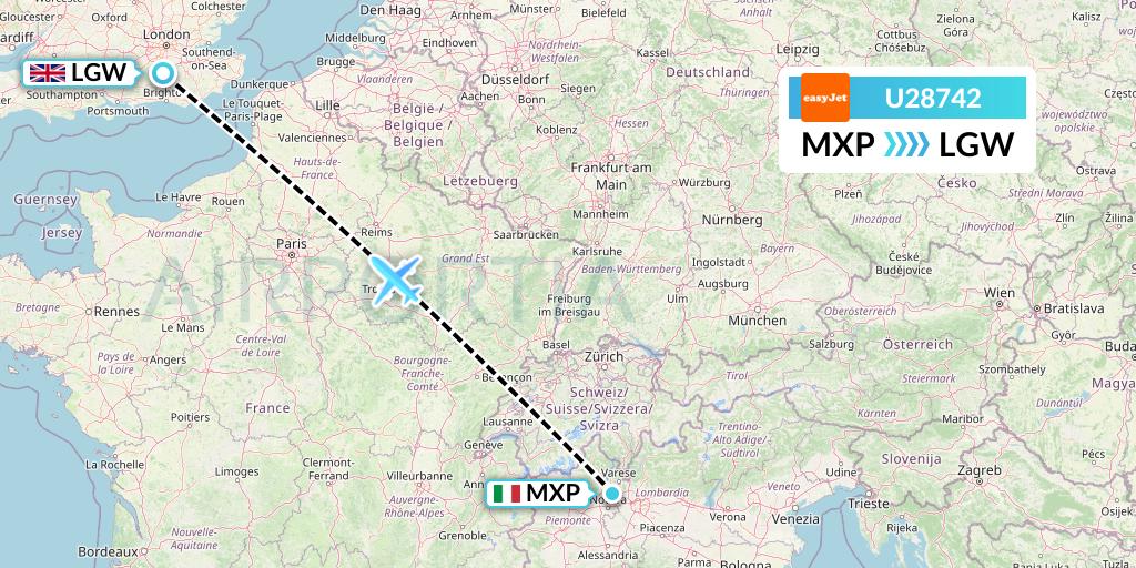 U28742 EasyJet Flight Map: Milan to London