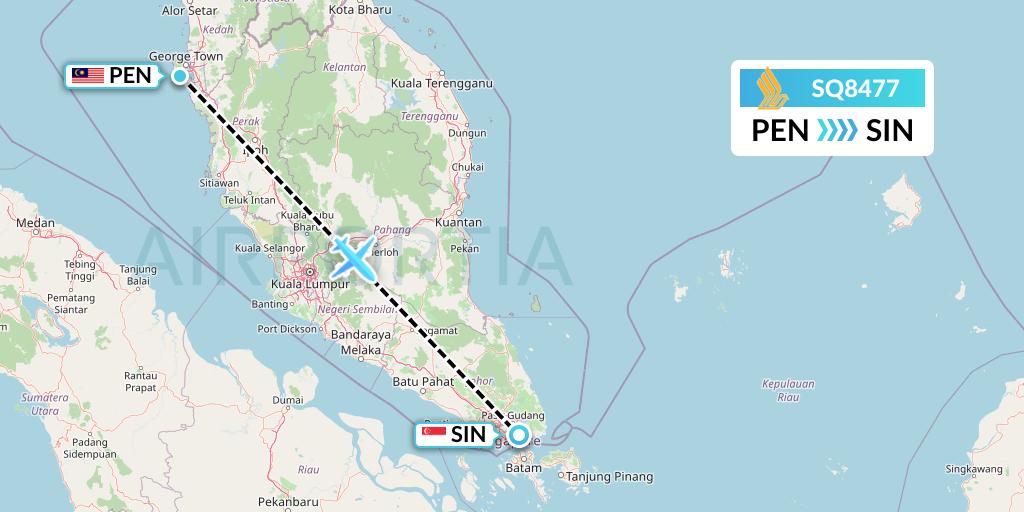 SQ8477 Singapore Airlines Flight Map: Penang to Singapore