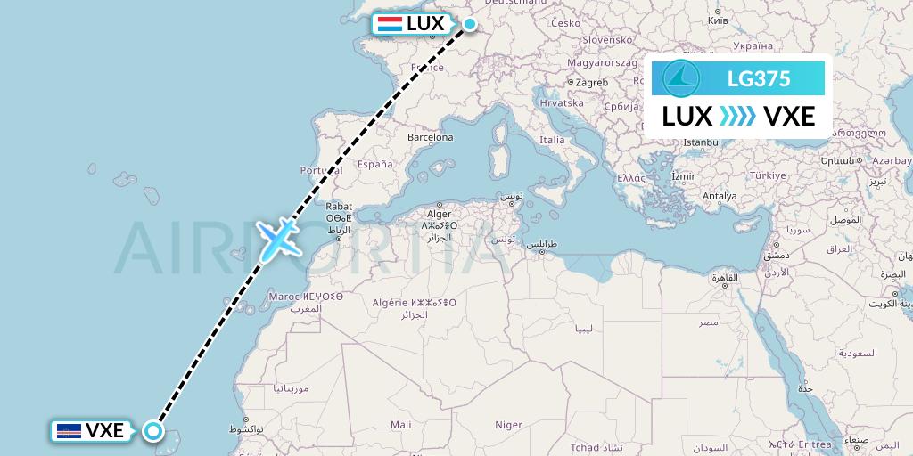 LG375 Luxair Flight Map: Luxembourg to Sao Vicente