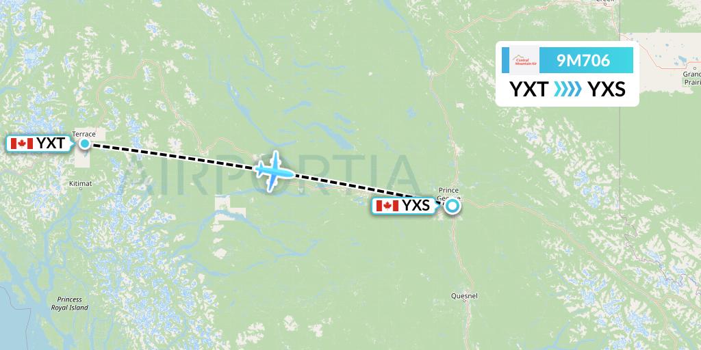 9M706 Central Mountain Air Flight Map: Terrace to Prince George
