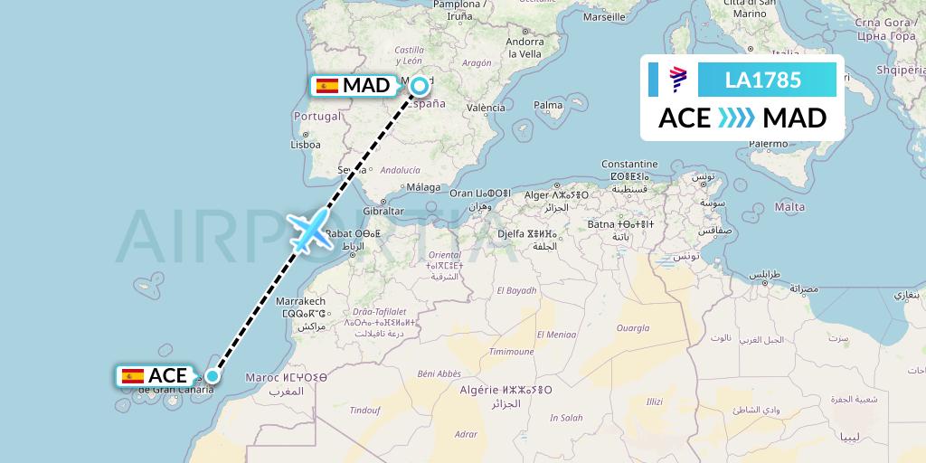 LA1785 LAN Airlines Flight Map: Lanzarote to Madrid