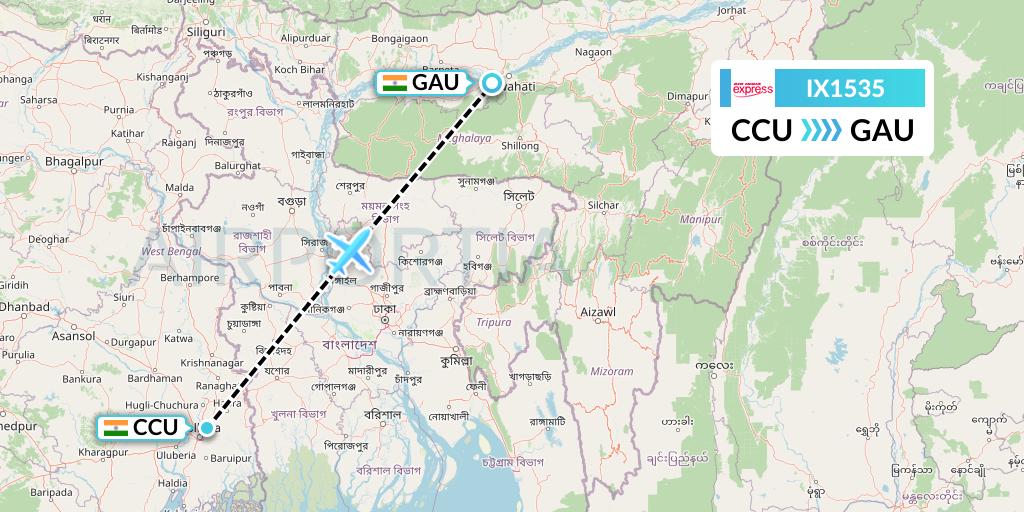IX1535 Air India Express Flight Map: Kolkata to Guwahati