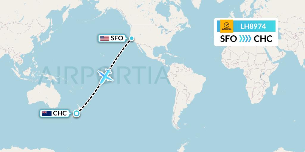 LH8974 Lufthansa Flight Map: San Francisco to Christchurch