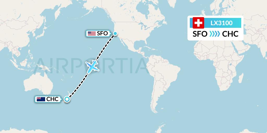 LX3100 Swiss Flight Map: San Francisco to Christchurch