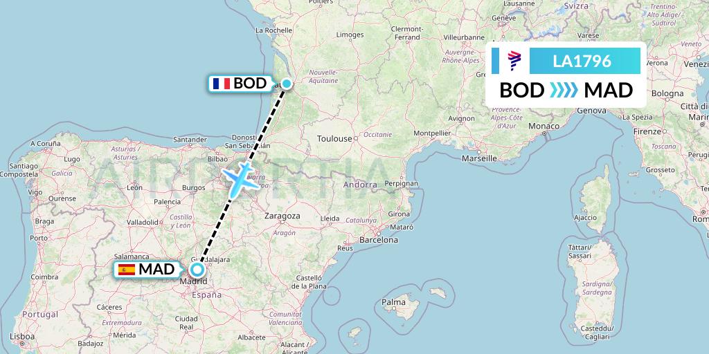 LA1796 LAN Airlines Flight Map: Bordeaux to Madrid