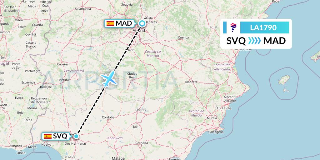 LA1790 LAN Airlines Flight Map: Seville to Madrid
