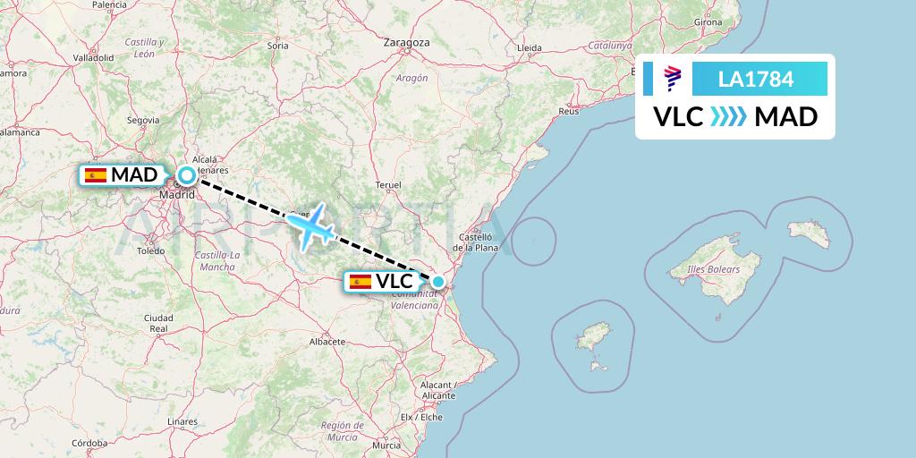 LA1784 LAN Airlines Flight Map: Valencia to Madrid