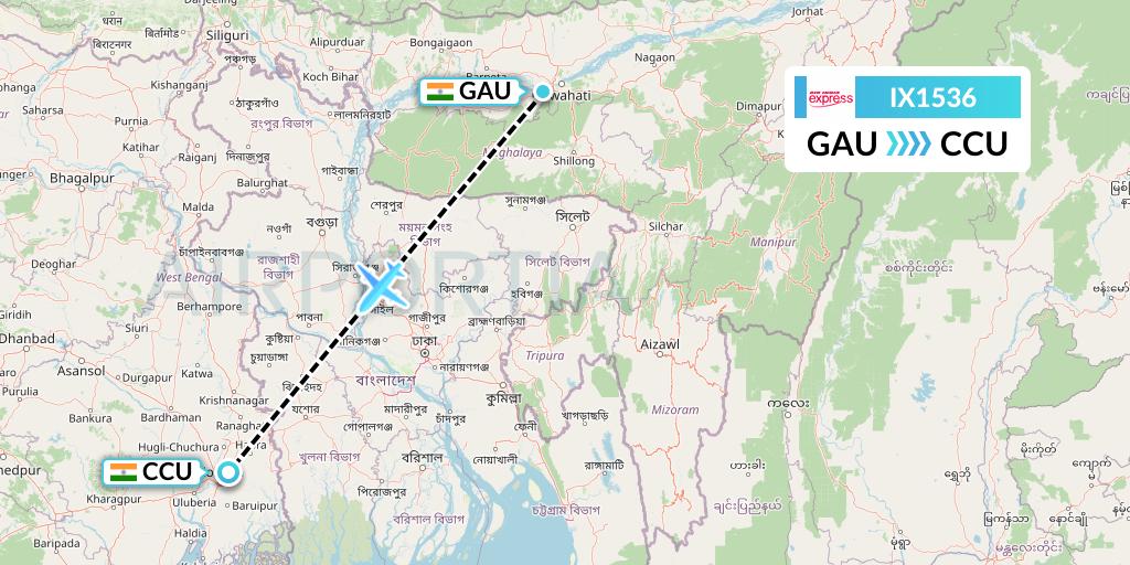 IX1536 Air India Express Flight Map: Guwahati to Kolkata