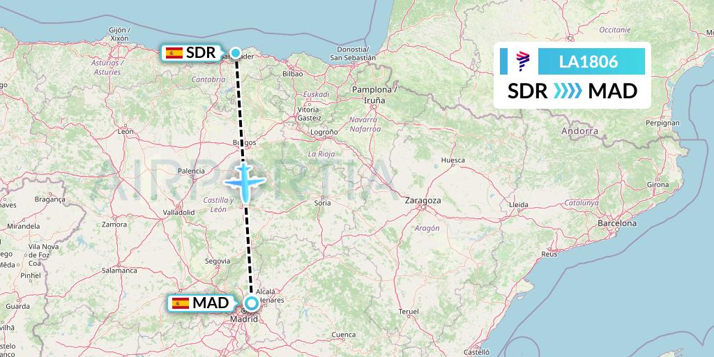 LA1806 LAN Airlines Flight Map: Santander to Madrid