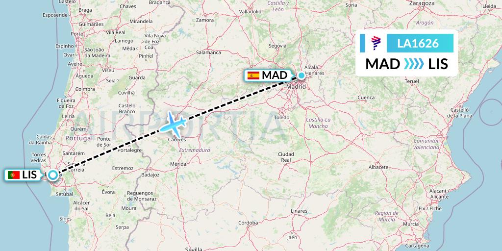 LA1626 LAN Airlines Flight Map: Madrid to Lisbon