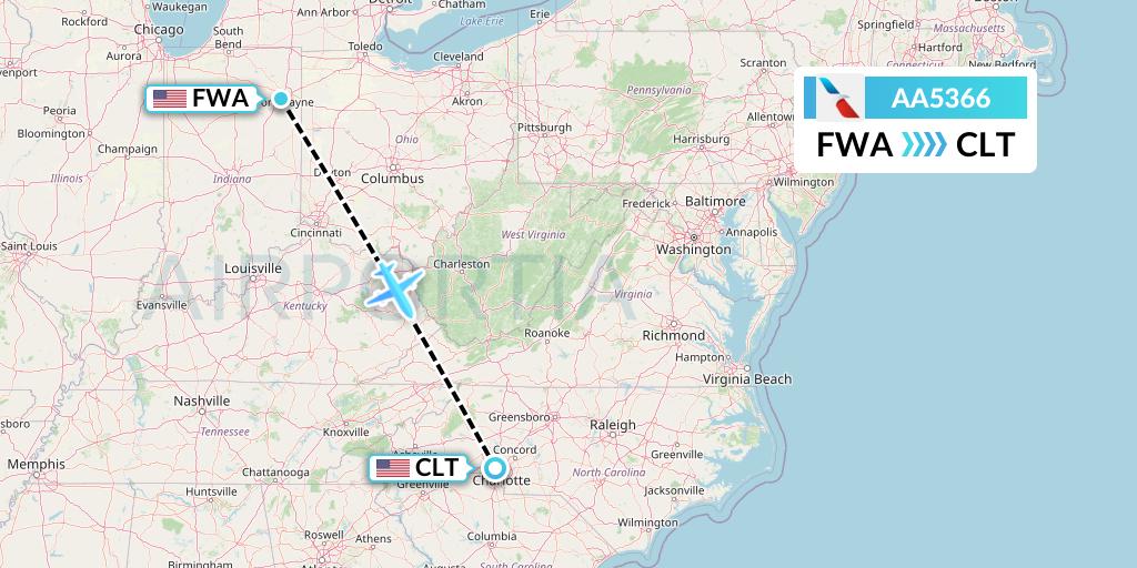 AA5366 American Airlines Flight Map: Fort Wayne to Charlotte
