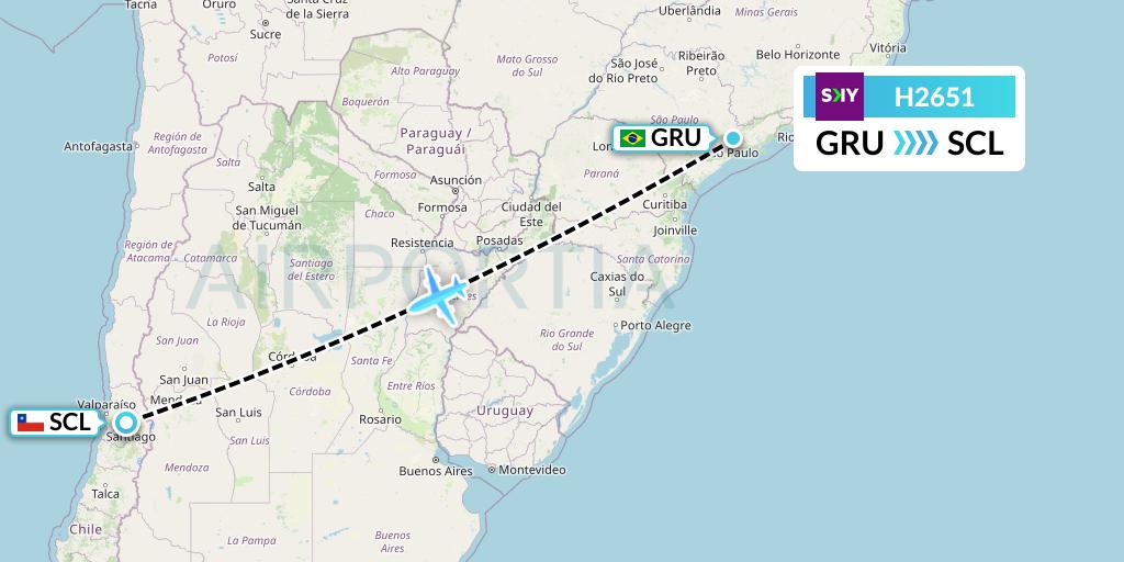 H2651 Sky Airline Flight Map: Sao Paulo to Santiago