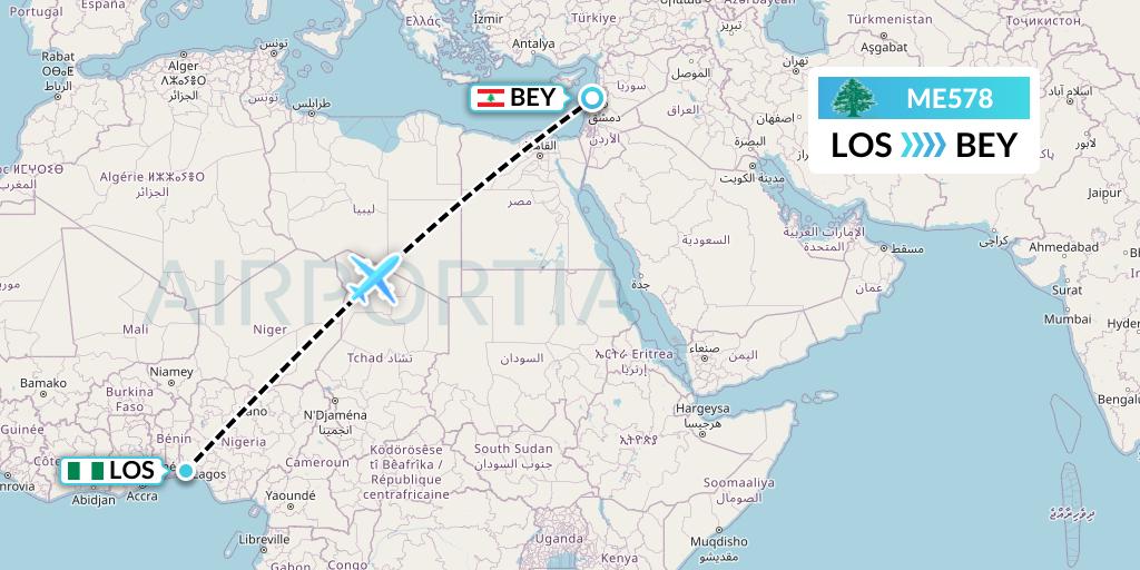 ME578 MEA Flight Map: Lagos to Beirut