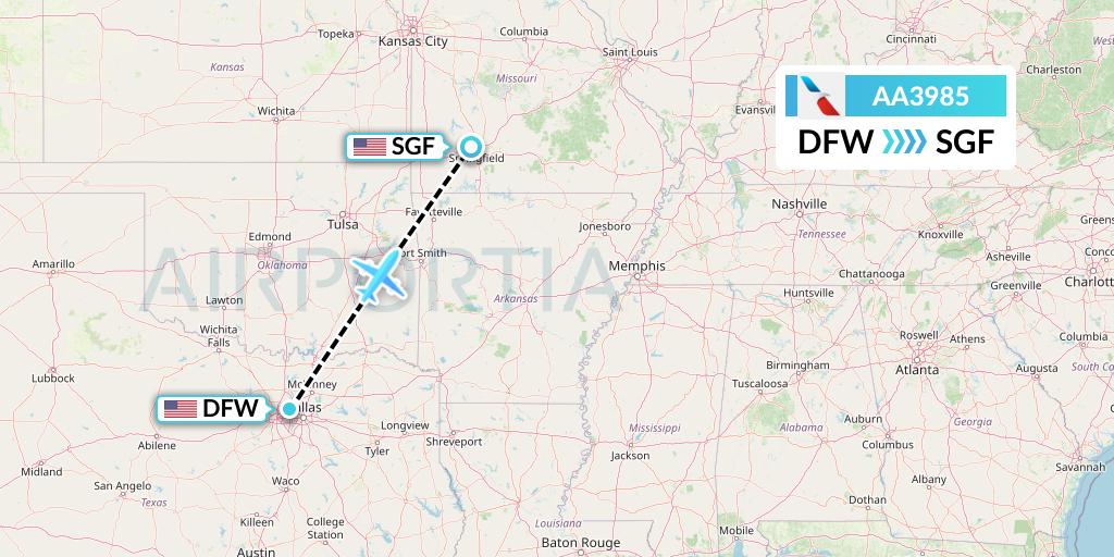 AA3985 American Airlines Flight Map: Dallas to Springfield